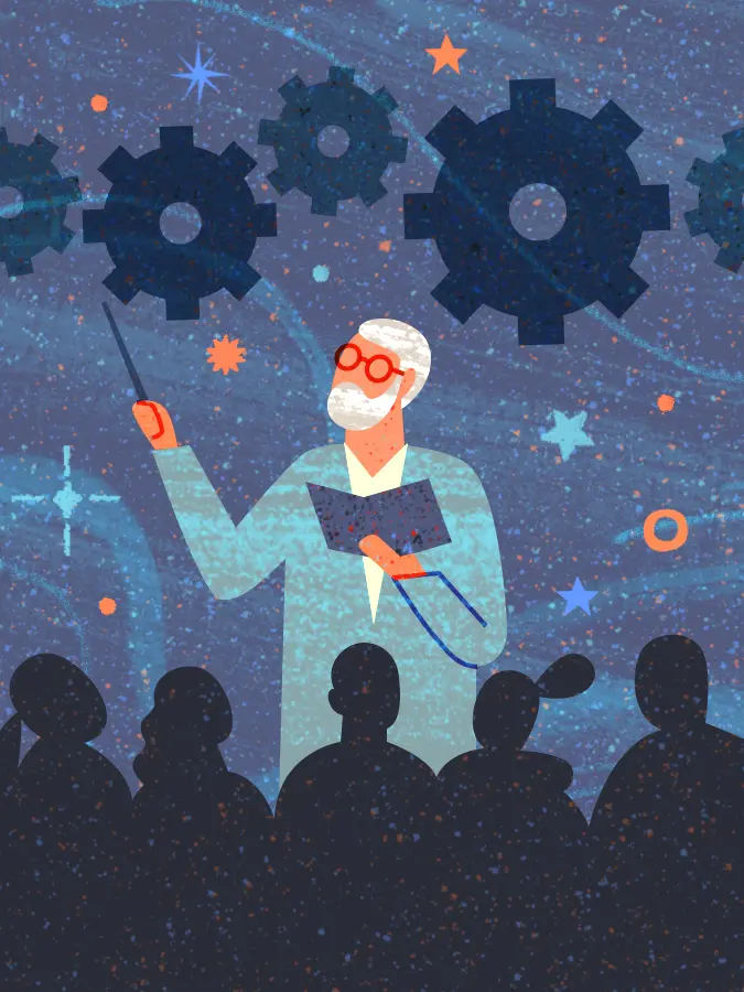 An illustration shows the silhouette of students listening to a bearded man holding a book and pointer in brighter colors. In the background are gears and stars.