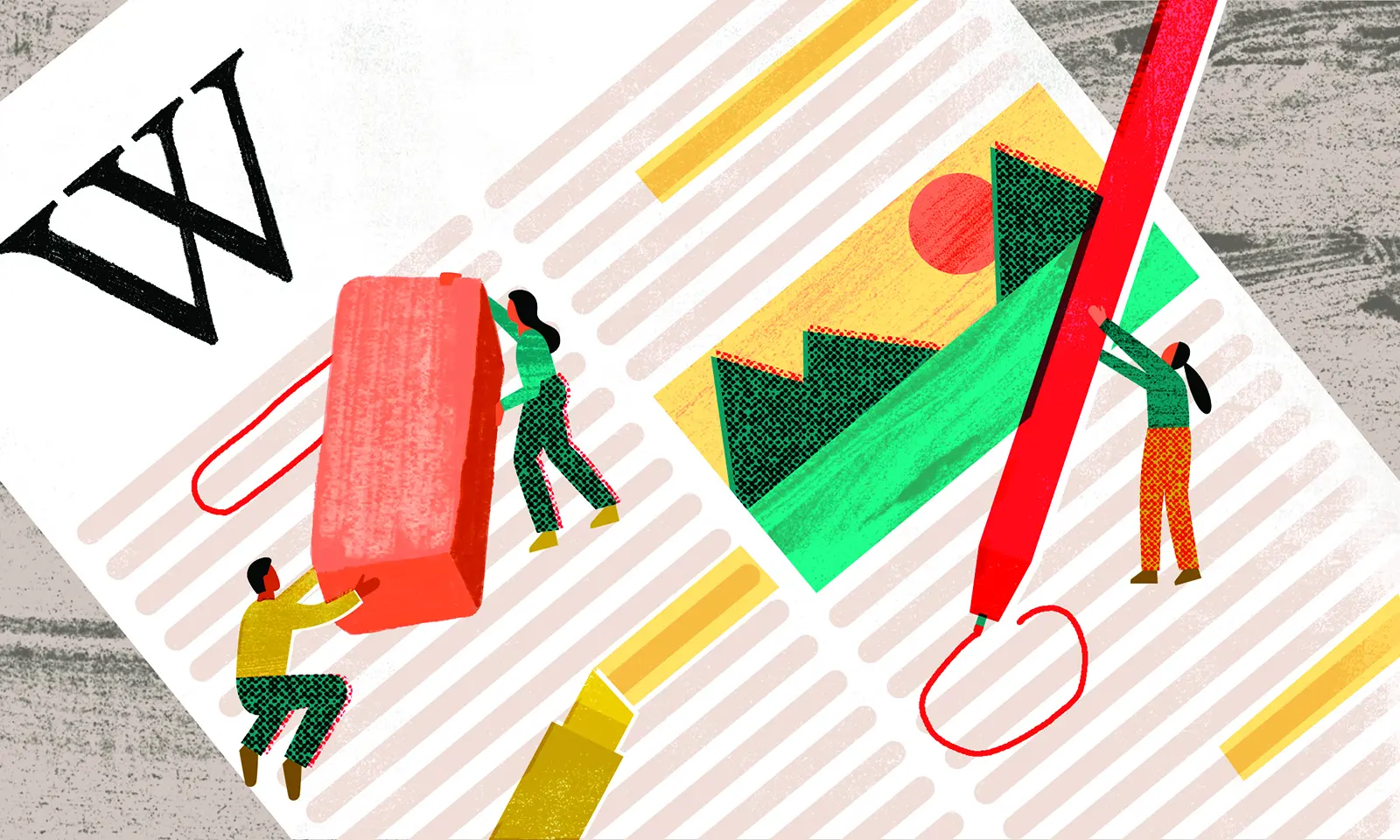 This illustration shows simple little figures standing on a piece of paper with figural lines of text and pictures. The people are editing the text: Two maneuver a giant eraser and a third wields a red pen, common tools of editors from the days of yore.