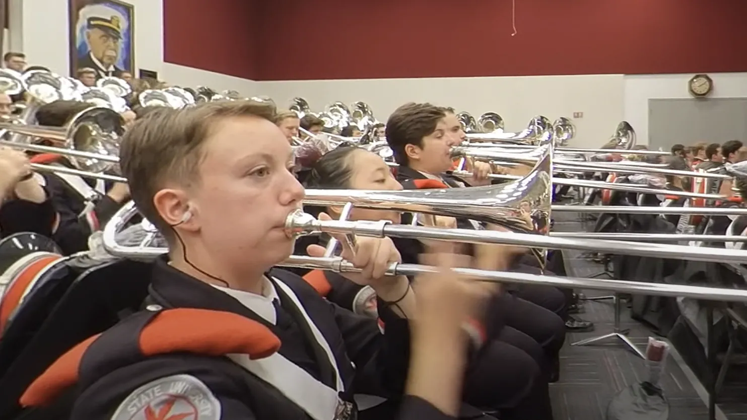 Ohio State University Marching Band as it practices “Buckeye Battle Cry” in the Ohio Stadium Rehearsal Hall.