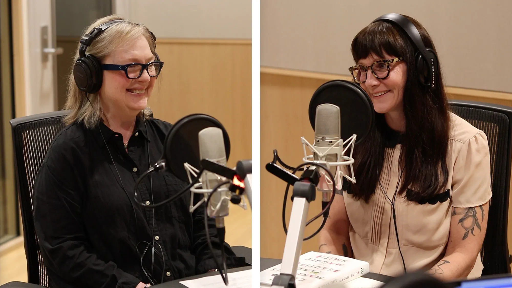 Two photos presented side by side show two women in the recording studio where they had their conversation. On the left is Kathy Fagan Grandinetti. She's a light-haired woman smiling cheekily as she looks to the side. The other woman is Maggie Smith. She has long dark hair and blunt-cut bangs, and is smiling as she talks. Both wear headphones and sit before microphones.