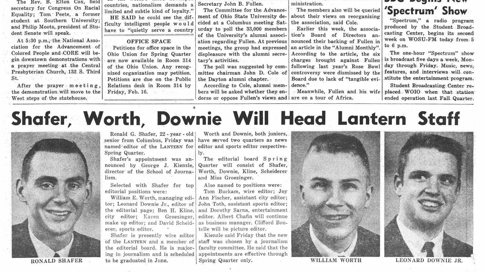 In a clipping from an old student newspaper, a story headlined “Shafer, Worth, Downie will head Lantern staff” gives a short (unreadable) explanation and shows headshots of the three young white men, all with crew cuts and smiles.