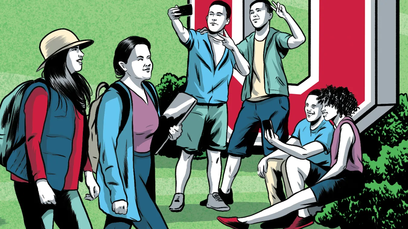 In an illustrated picture, students on the Ohio State campus take a selfie and happily chat with one another.