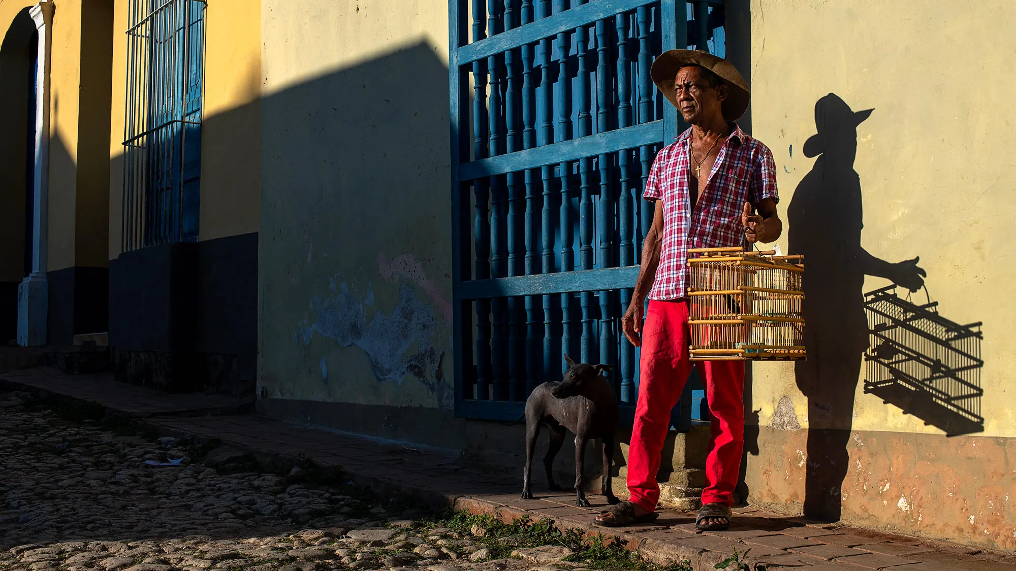 A Cuban man wearing a hat and colorful clothes stands along the wall of a building holding a rectangular wooden birdcage and accompanied by his black dog. The dog and the man are looking into the distance. There’s also an interesting play of light and shadow. The shadows of the man and bird cage are distinct on the brightly painted wall. 