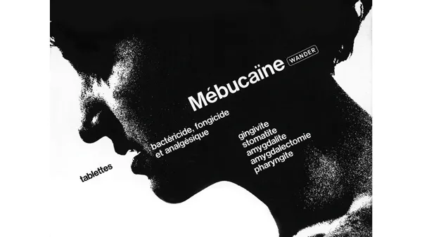 This poster features a woman’s face in black and white. Although she’s close, she’s also vague as most of her face is in shadow. The appearance is pixelated, and on the white background, a single black word stands out. It looks as if she’s speaking it, and it says “tablettes.” More white words are imporsed over her jaw and side of her face. The largest says “Mebucaïne.”