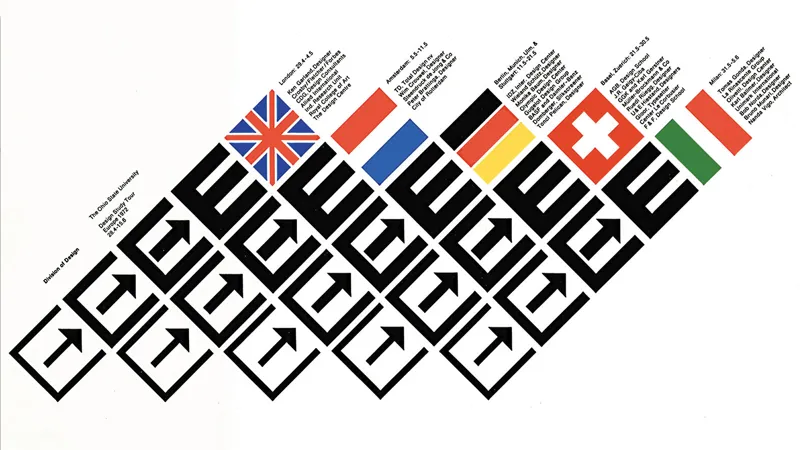 In this poster designed by Peter Megert, a series of arrows, each within an open box, are set in rows and get bolder until they turn into the capital letter E. Each of the letters are topped with a European country’s flag and text too small to make out.