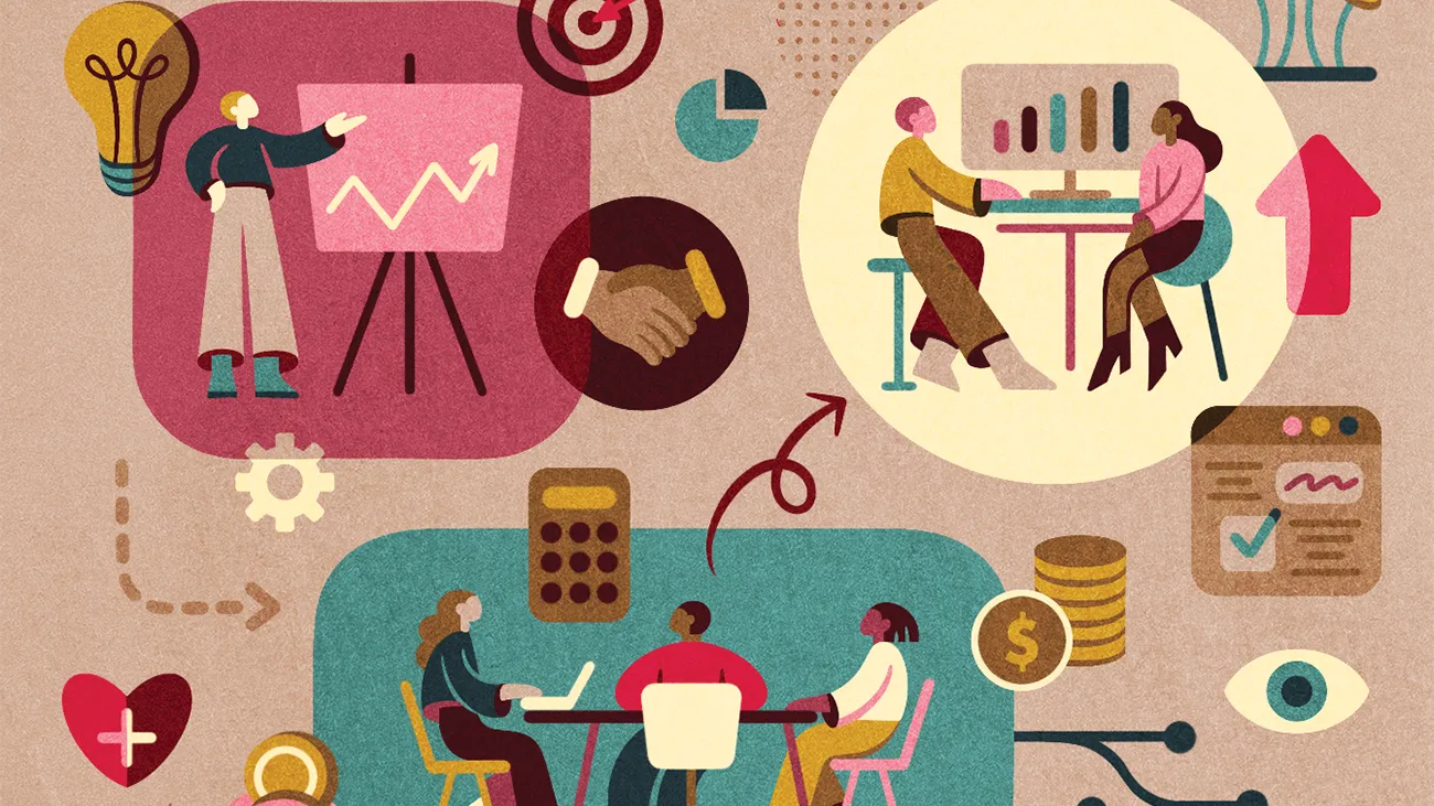 A color-block style illustration shows people meeting at tables, hands shaking and presentations about growth