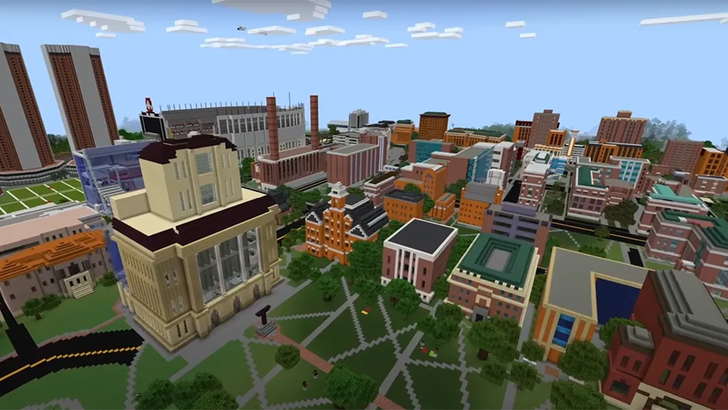 Part of the Oval and university buildings along its north edge are in this screenshot of Zach Messina's Minecraft campus. Minecraft is a video game where players can build anything with blocks of different types or stone and organic material, giving Messina a ton of flexibility to recreate Ohio State