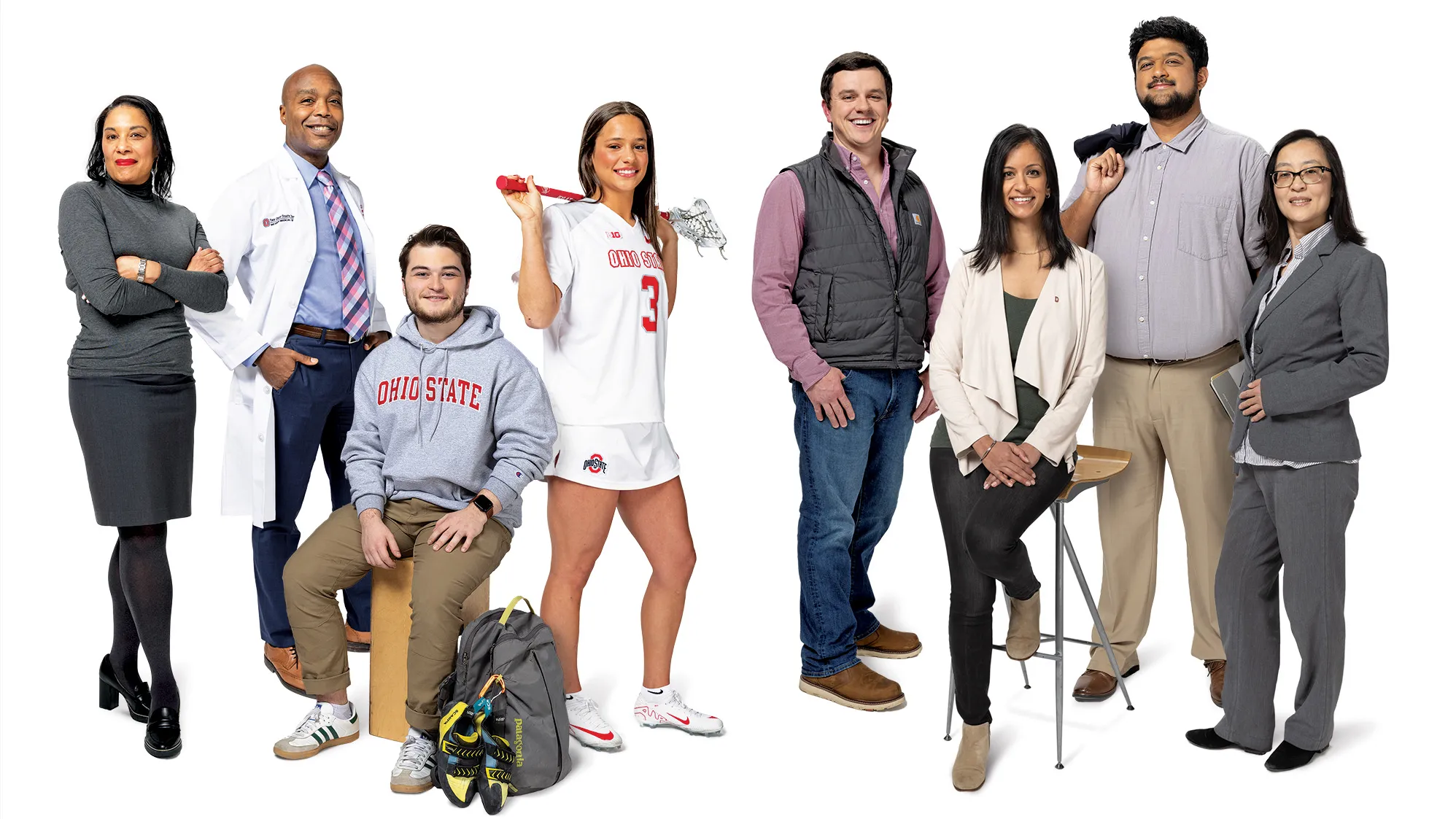Eight people pose together for the cover photo of Ohio State Alumni Magazine's special Time and Change fundraising campaign issue. Two sit and the others stand in relaxed poses. All are smiling. Two are professors, two students, two work outside Ohio State, as a farmer and a landscape designer. One is a cancer researcher and one runs the region's newest tech center. Four are women; four are men. Three are white, two are black, one is of Chinese descent, one of Indian descent. One is Latino.