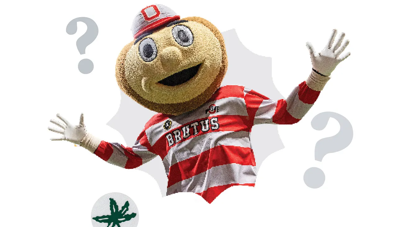 Brutus Buckeye smiles while surrounded by question marks