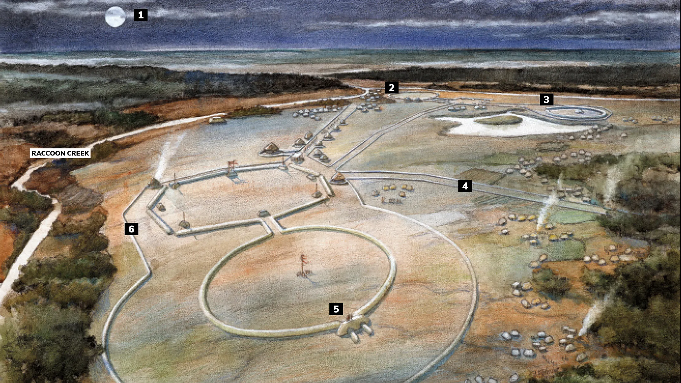 A painting shows what the Earthworks would have looked like 2,000 years ago, from a bird's eyeview.