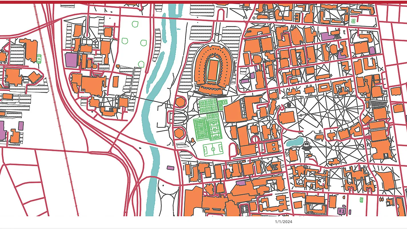 A screenshot from the map shows the footprints of campus buildings and streets
