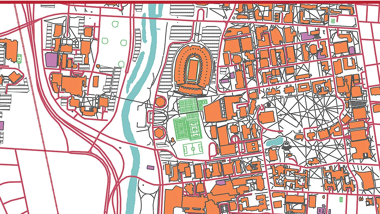 A screenshot from the map shows the footprints of campus buildings and streets