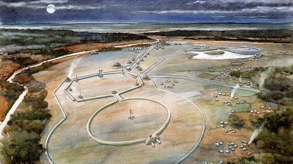 A painting shows what the Earthworks would have looked like 2,000 years ago, from a bird's eyeview.
