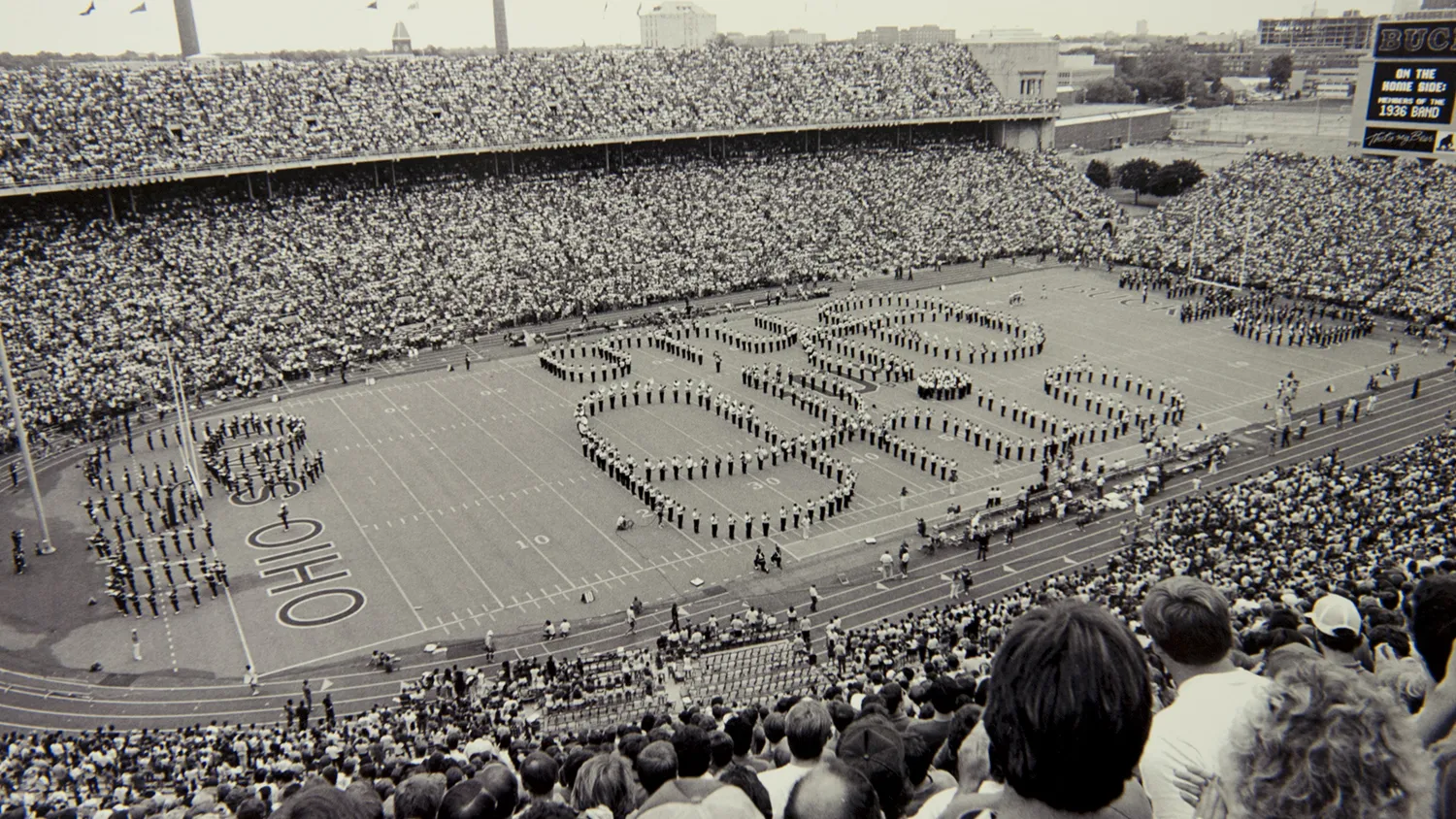 AN old black and white photo shows Script Ohio being performed in the stadium