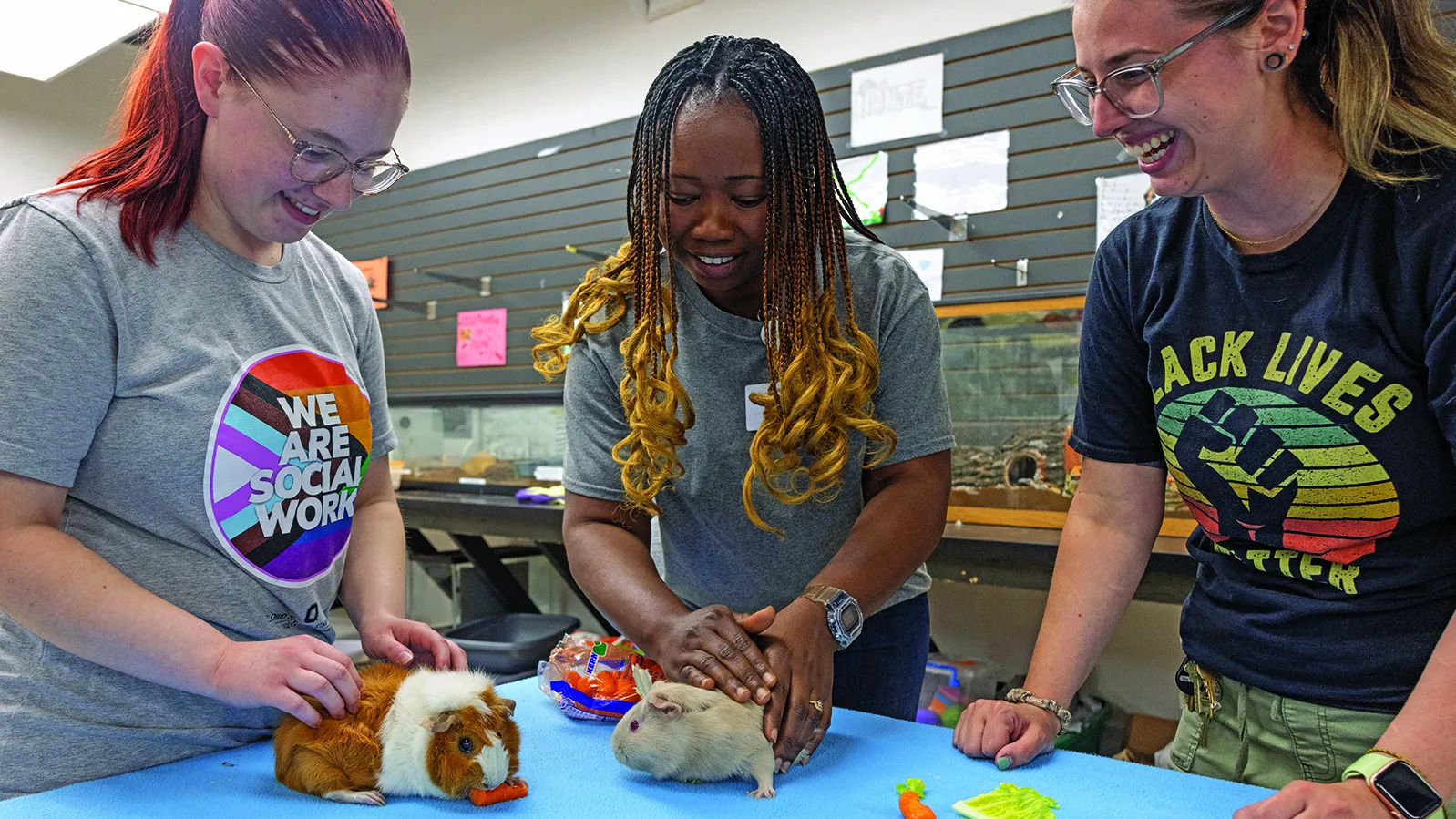 Two professional social workers flank an Ohio State grad student working with them on a field work placement. They're corralling guinea pigs, and having a good time doing it.