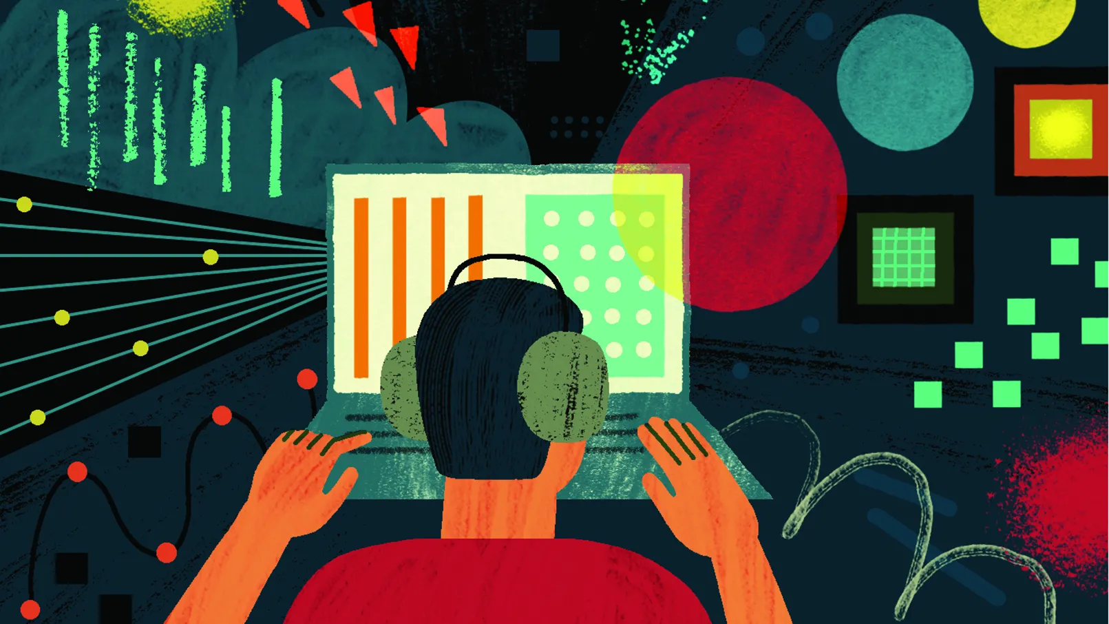 An illustration shows a man sitting at a computer. Geometric designs and results radiate outward.