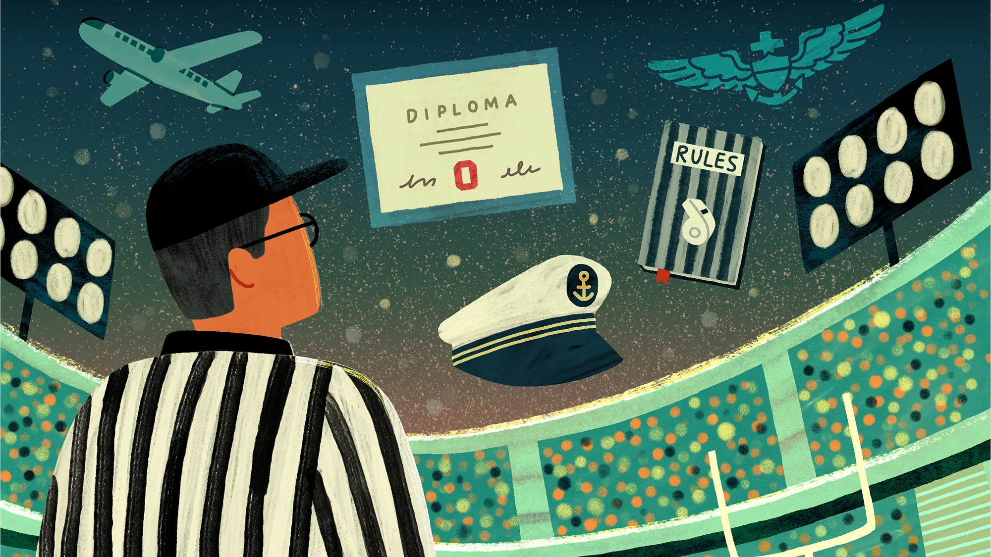 An illustration shows a man wearing a referee's uniform standing inside a football stadium. In the starry sky are an airplane, diploma, rule book and navy hat and insignia.