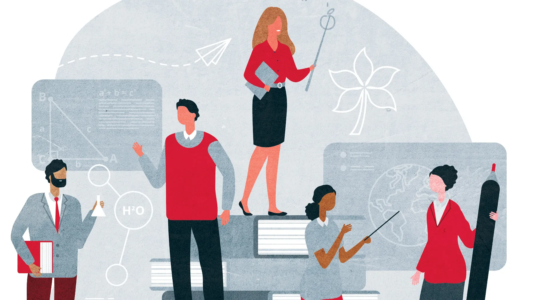 An illustration shows various teachers wearing Ohio State colors and standing on or around a stack of books. The people are vague representations--they do not have faces.