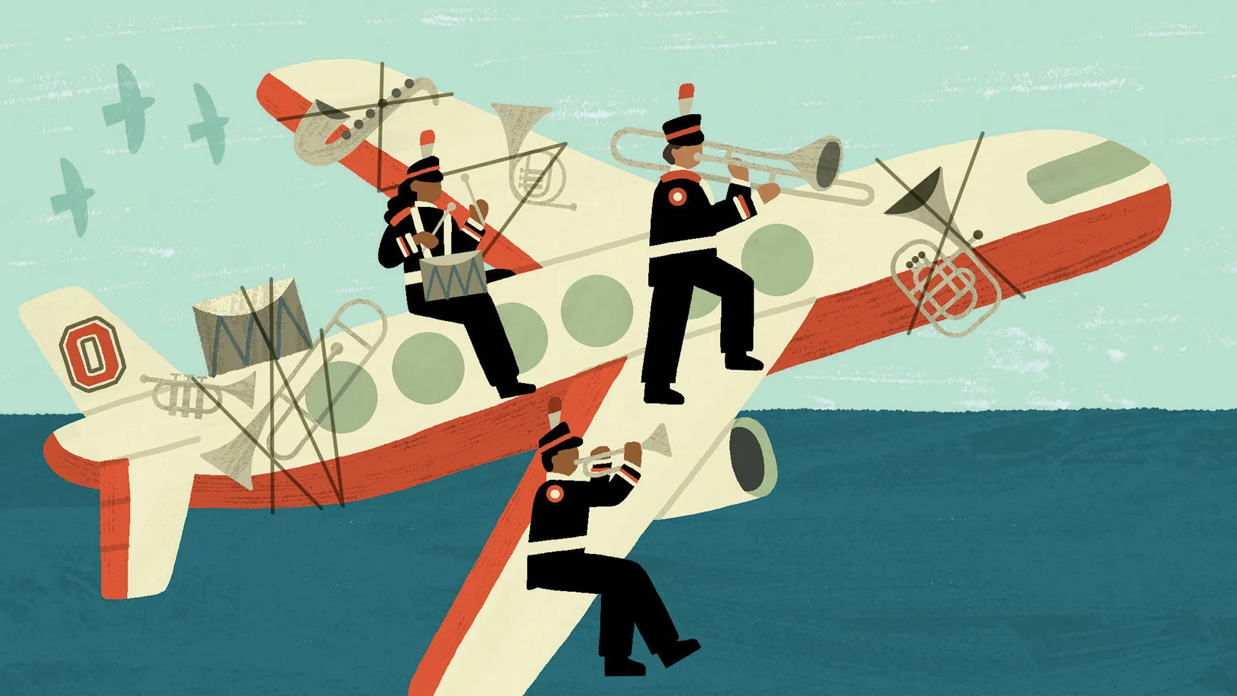 An illustration shows members of the Ohio State Marching Band playing a snare drum, trombone and trumpet while standing of sitting on an airplane flying over water.