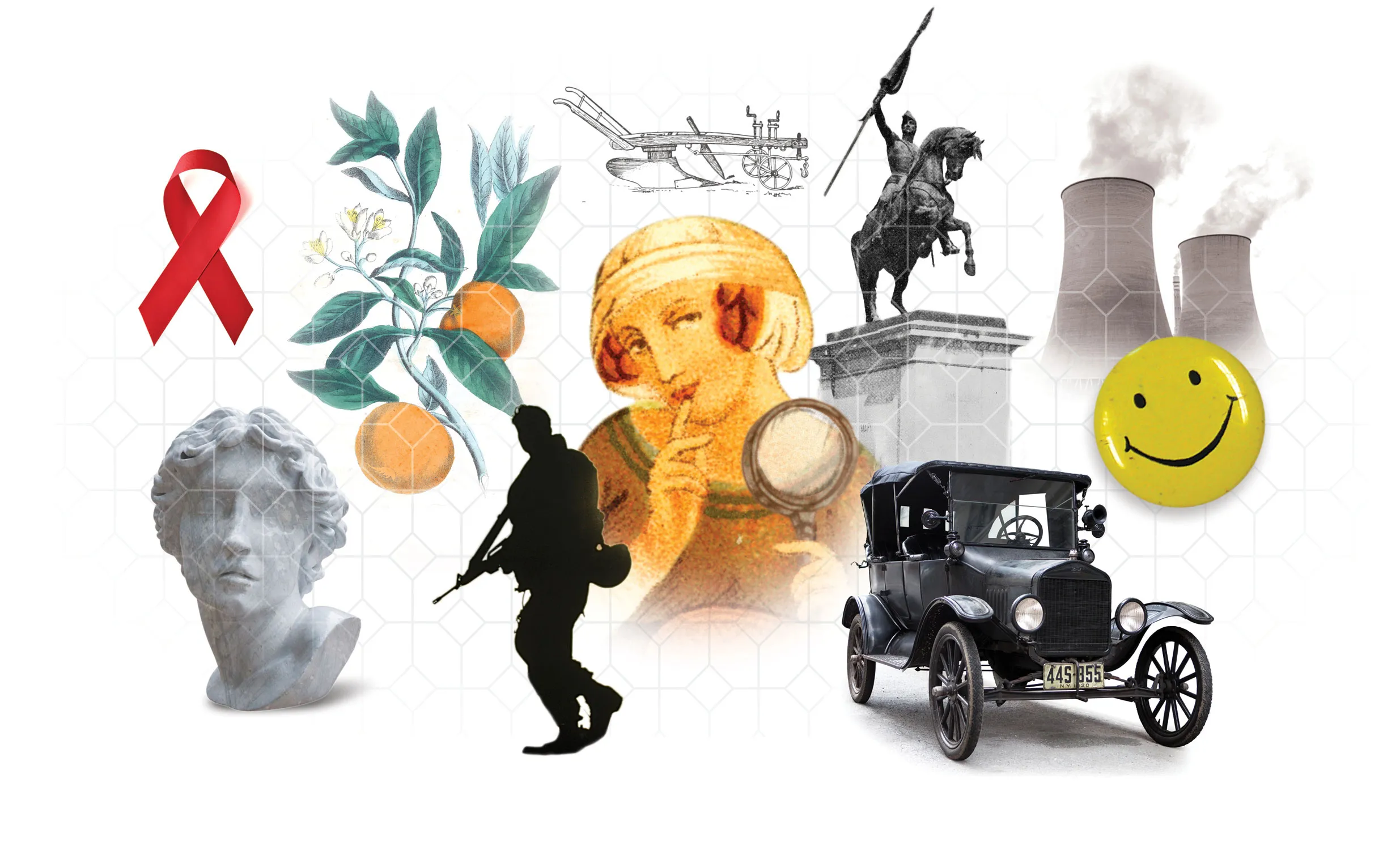 A photo collage shows a red ribbon, the head of an ancient Greek statue, illustrated oranges, nuclear powerplant stacks, an early automobile, and a woman detective drawn from the early 1900s.