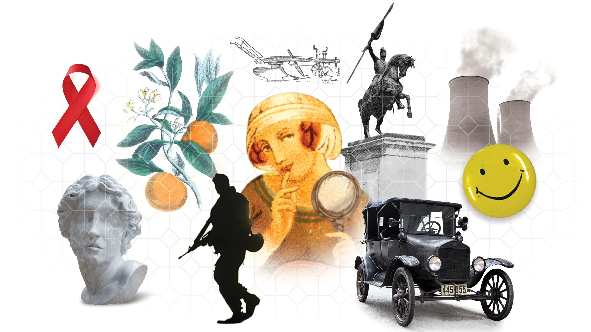 A photo collage shows a red ribbon, the head of an ancient Greek statue, illustrated oranges, nuclear powerplant stacks, an early automobile, and a woman detective drawn from the early 1900s.