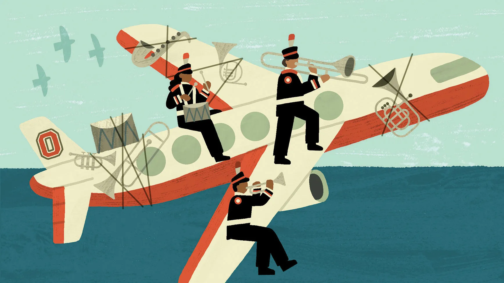 An illustration shows members of the Ohio State Marching Band playing a snare drum, trombone and trumpet while standing of sitting on an airplane flying over water.