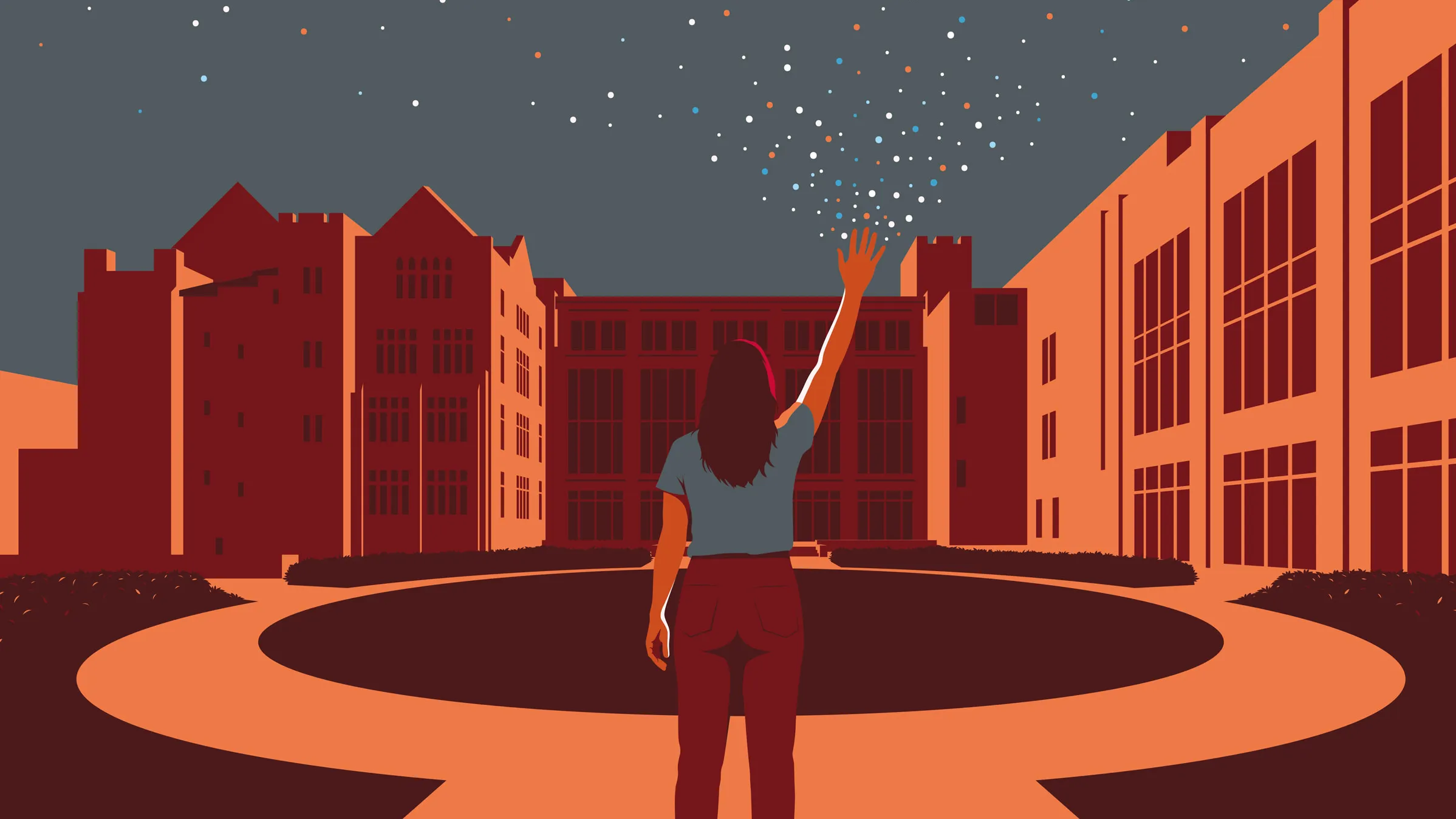An illustration shows a woman from behind standing outside of Ohio State's College of Medicine. As she seems to wave, her hand reaches to the sky, and colors specs--almost starlike--emanate from her hand.