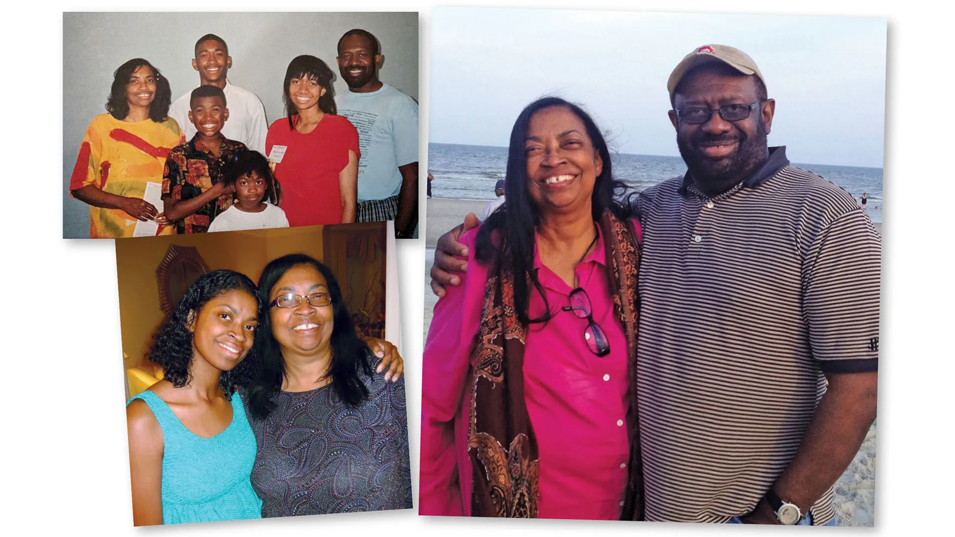 Three family-style photos are arranged together: parents and their four children standing indoors, the husband and wife at a beach, and a mom and daughter with their arms around each other. The family is African-American and they’re always smiling, showing genuine warmth for each other.