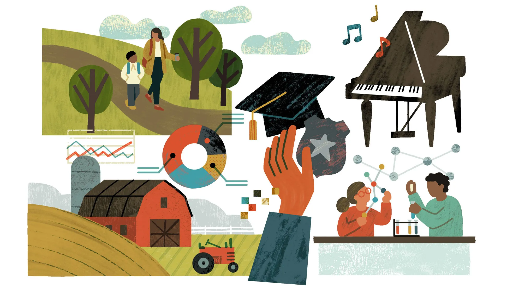 An illustration shows several scenes related to helping communities: One part shows a college student walking with a school kid along a path with trees. Nearby, a graduation cap, a badge with a star, and a chart appear. Another section shows a barn and a tractor. A piano sits below musical notes. At a table, two young students work together on a science experiment.