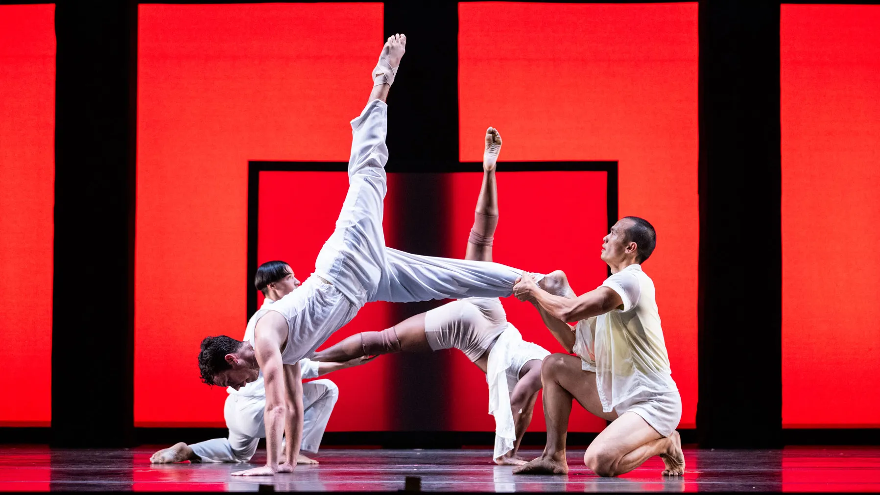 Four dancers perform an acrobatic, contemporary movement onstage. One balances horizontally on straight arms while another holds the elevated dancer’s legs. Two additional dancers in light-colored costumes extend their limbs in sculptural poses behind them. The stage is lit by a dramatic, geometrically-patterned backdrop screen.
