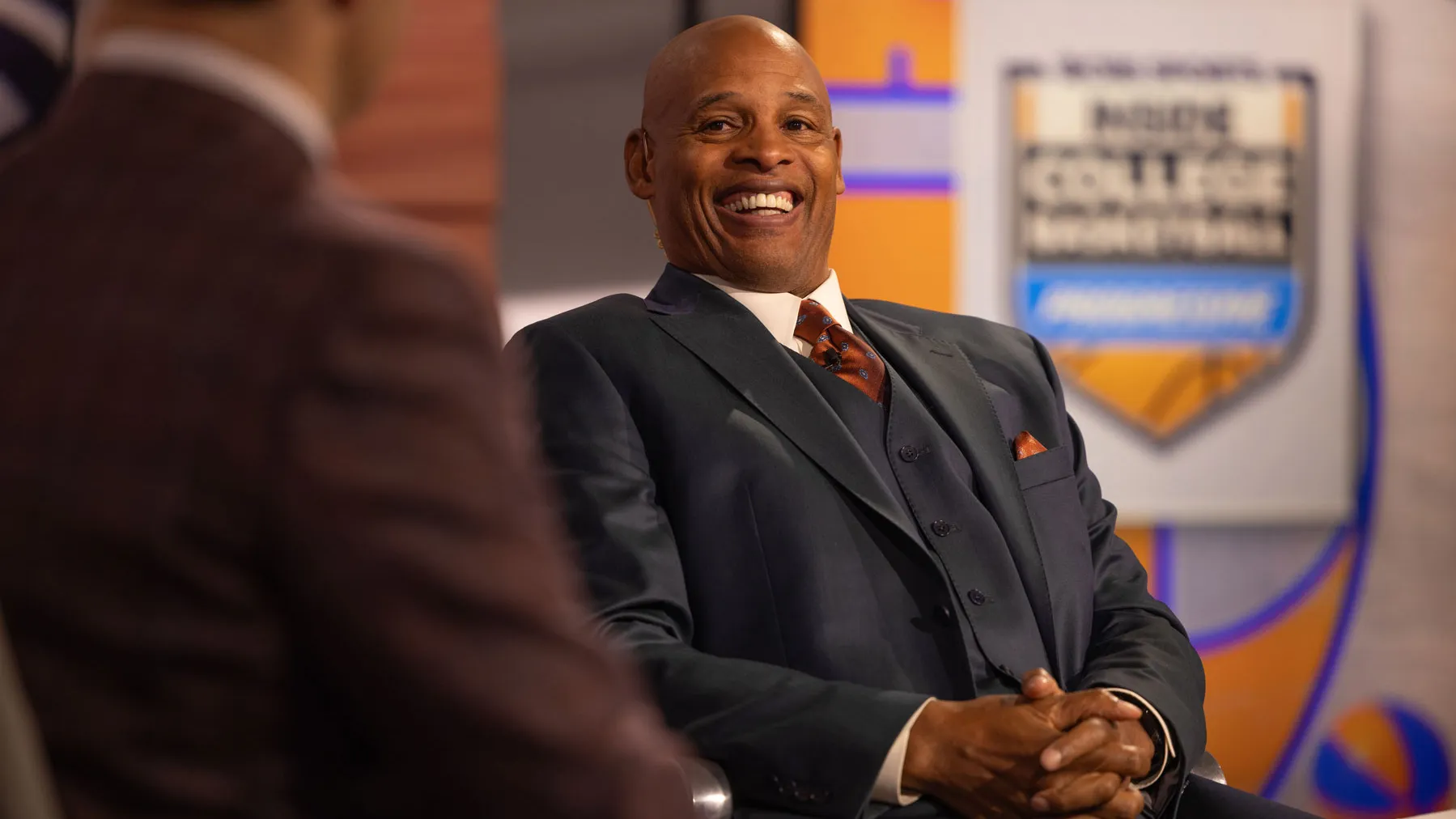 Clark Kellogg talks with the host during a live broadcast of “Inside College Basketball” at the CBS Broadcast Center in New York.