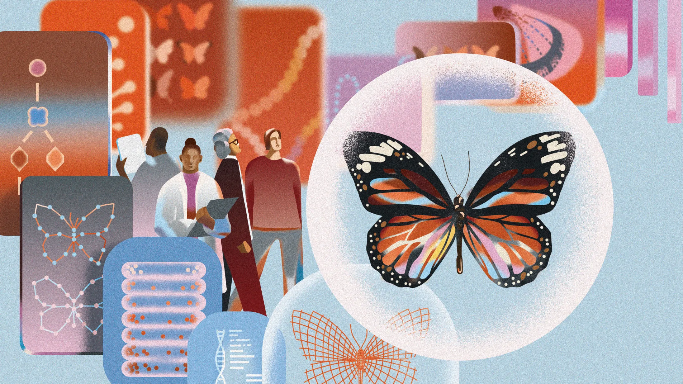 An illustration shows a large butterfly inside a circular frame surrounded by scientific diagrams. A small group of people stands behind the butterfly, reviewing papers and data, with abstract charts and symbols around them.
