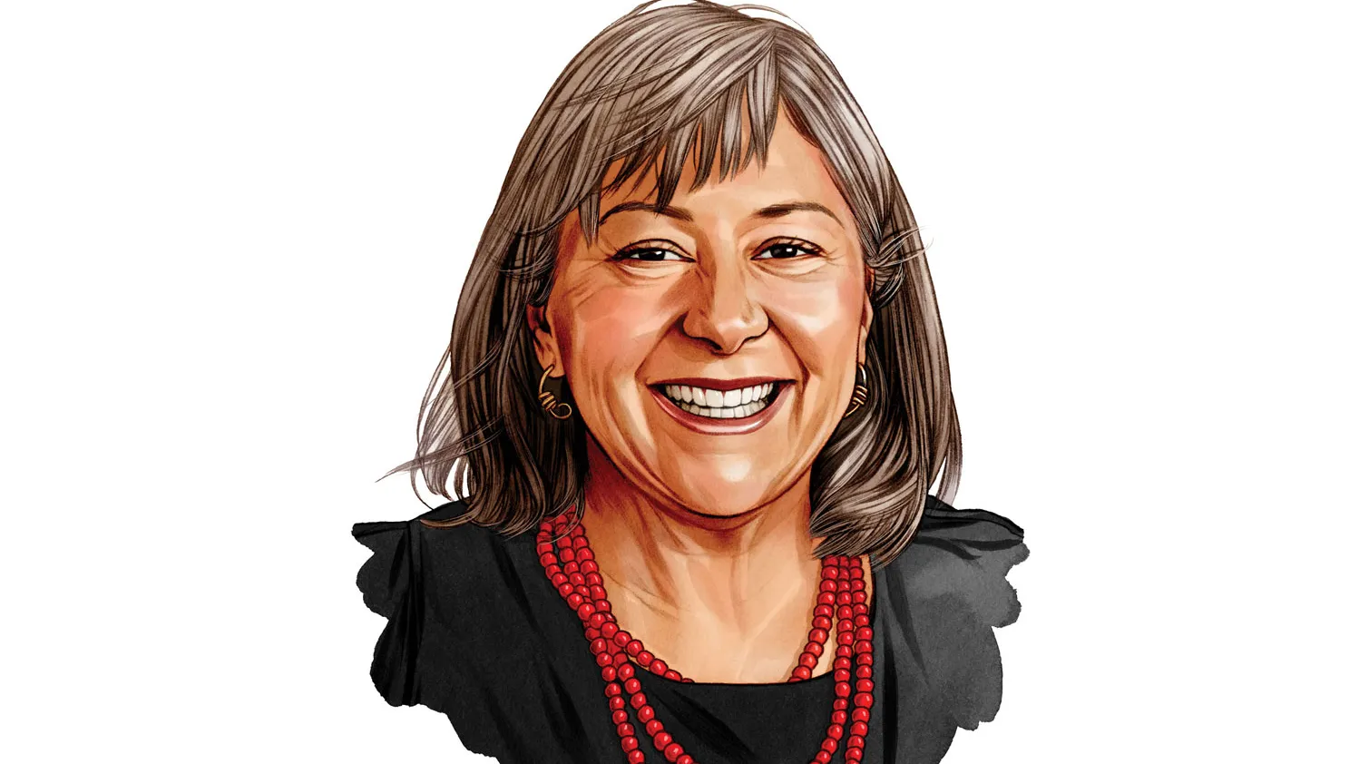 An illustration shows the president of the Ohio State Alumni Association smiling with her eyes and mouth and wearing a red beaded necklace