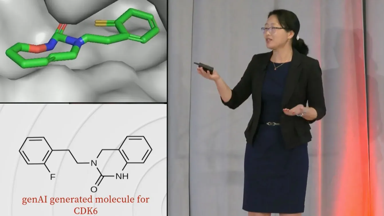 Nia Xing talks on stage, holding a small device in one hand and gesturing with the other. Examples of what she showed in her talk are also shows—a molecule and a shot of the illustrated molecule her AI tool creates. Ning wears a fitted jacket and a knee length skirt, with her hair pulled back and glasses.