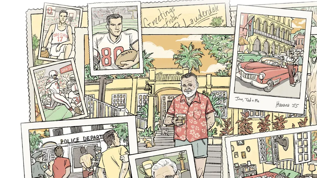 An illustrated collection of old photos shows a 1960s car, Ernest Hemingway holding a drink on his front steps, Ohio State athletes and three young men in handcuffs going into a police station.