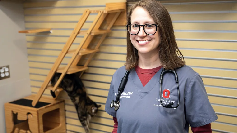 Posing for a portrait in a cat exam room, Dr. Kristin Miles smiles. She wears scrubs and round glasses and has a stethoscope hanging around her neck. 