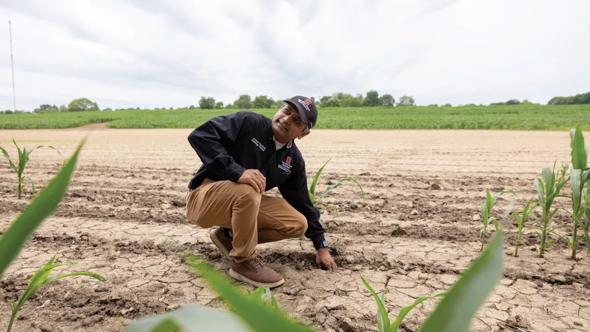Ohio State Assistant Professor Vinayak Shedekar crouches in a dry corn field in the spring. He feels the soil with one hand and smiles. 