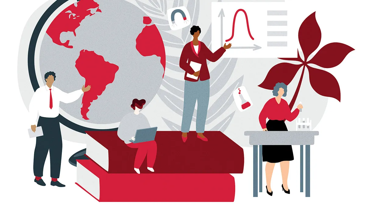 An illustration shows teachers in various scenes, such as working at a lab table and explaining a chart