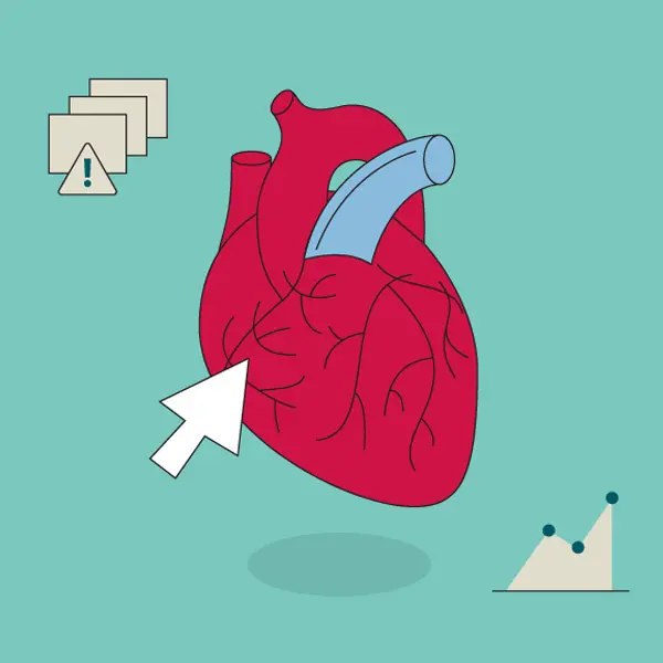 Colorful illustration of a human heart being clicked with a large white computer mouse against a mint background