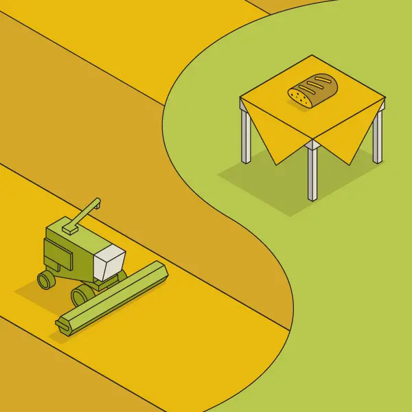 Colorful yellow and green illustration with a ying and yang-type line separating the left and right side. On the left side is a tractor plowing a field. On the right side is a loaf of bread on a table.