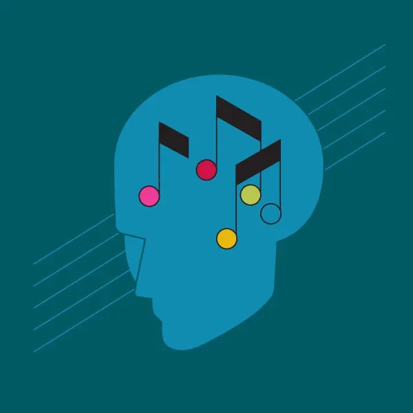 Colorful illustration of an blue outlined human head shape with music notes inside against a dark teal background.