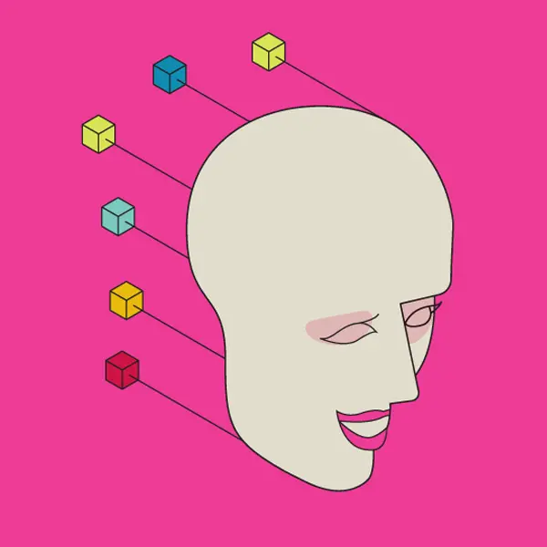 Colorful illustration of a profile of a woman's head against a pink background. There are six small cubes of varying colors coming off the back of the head from thin black lines.