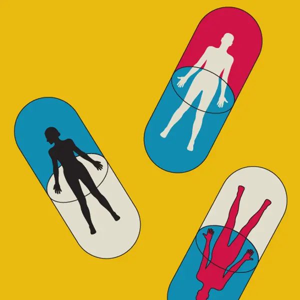 Colorful illustration of silhouetted figures inside blue and white pills against a yellow backgrounds