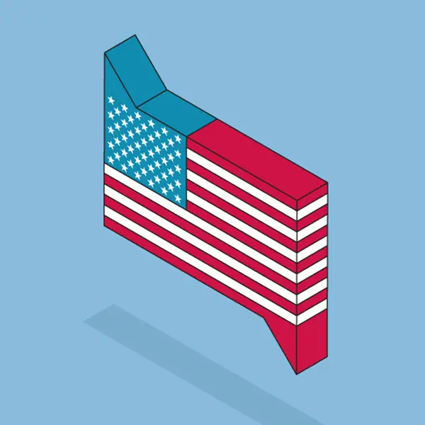 Colorful illustration of the American flag design on a block seen at an isometric angle against a blue background.