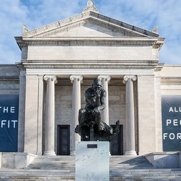 The Thinker statue in front of the Cleveland Museum of Art