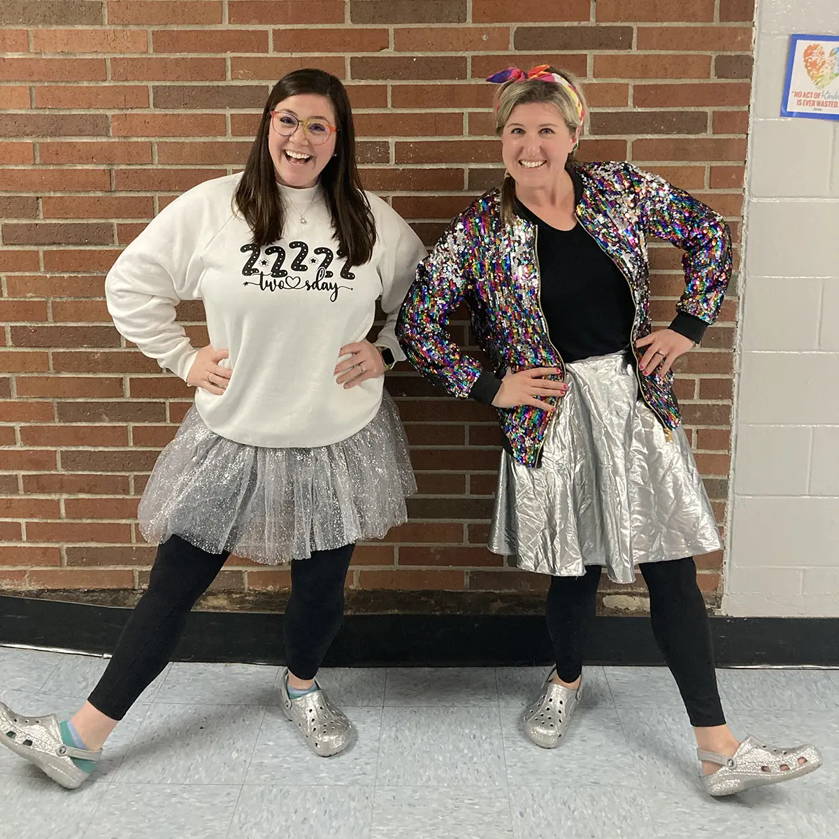 Two teachers in sequined twin costumes