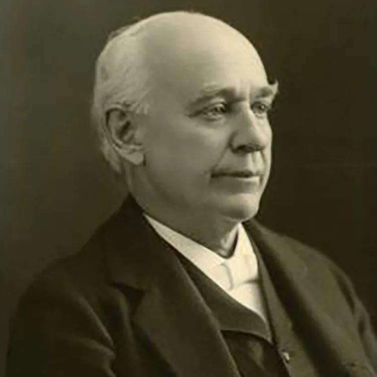 An old-time portrait of Ohio State's first president shows a blading man with white hear and full eyebrows wearing a suit