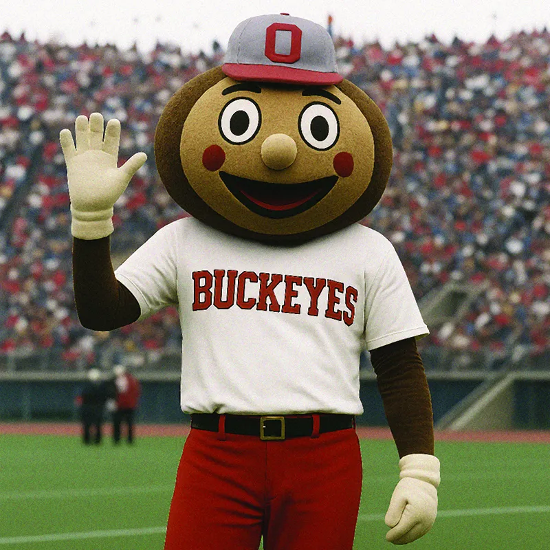 A smiling nut has red cheek spots, big eyes, a baseball cap and his baseball jersey says "Buckeyes"