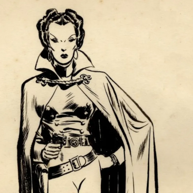 A line drawing shows a woman with short hair, evil eyebrows, a cape and a gun