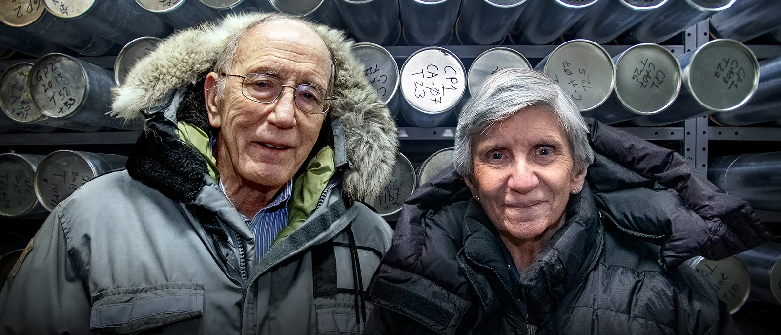 Lonnie Thompson and Ellen Mosley-Thompson in ice core freezer